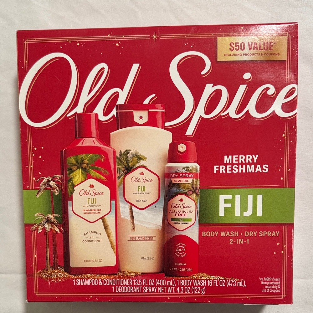 Old Spice Fiji Merry Freshmas Set Body Wash Shampoo/Conditioner, Deodorant Spray
